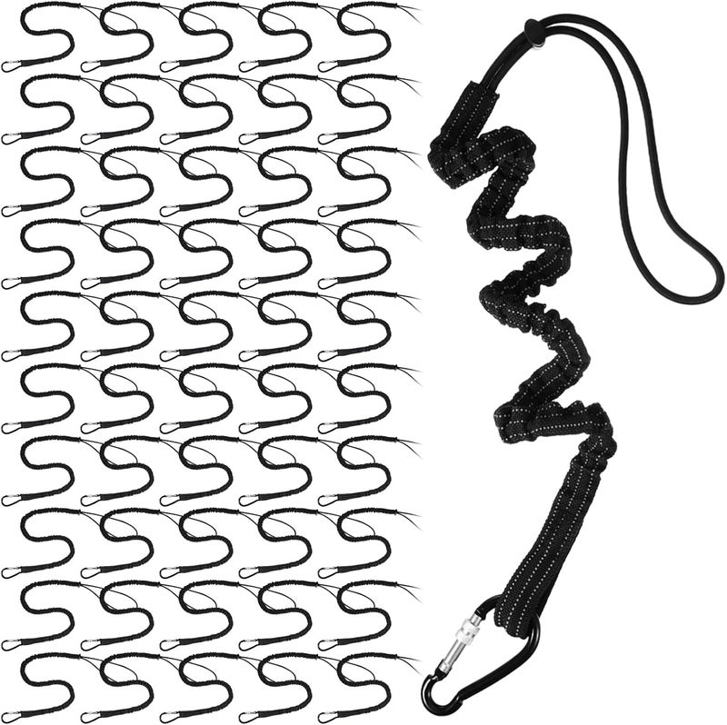 LEIFIDE 50 Pcs Tool Lanyard Standard Length Safety Tool Leash 17.6lb 8kg Tough Adjustable Fall Protection Tether with Aluminum Screw Lock Buckle, Shock Cord Stopper and Retractable Loop End, Black - Image 1